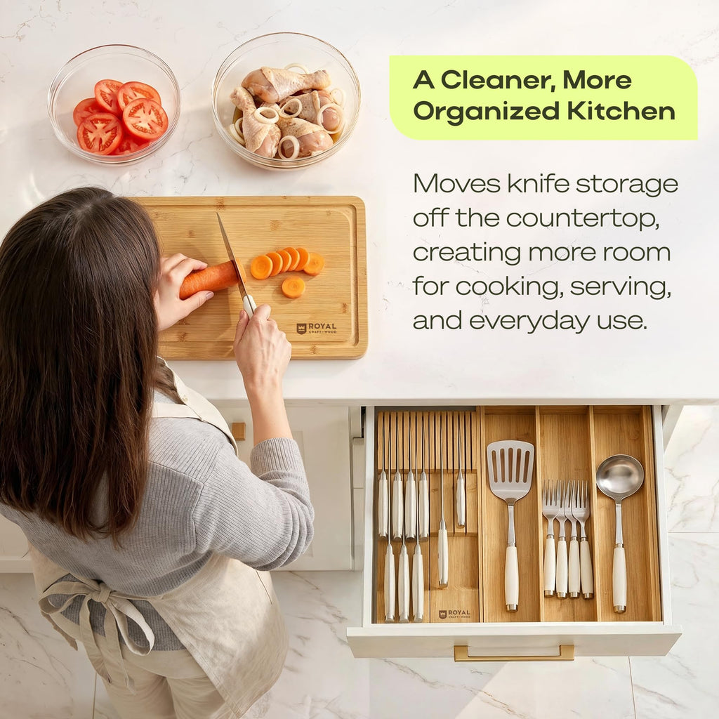 Knife Drawer Organizer - Bamboo In-Drawer Knife Block for 14 Knives - Premium Drawer Knife Organizer Insert, Kitchen