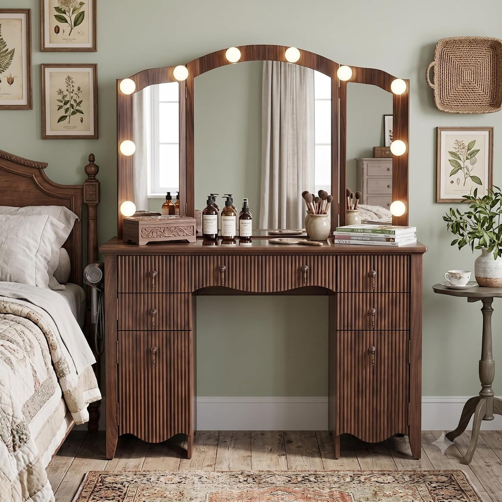 Vanity Desk with Mirror and Lights, Tri-Fold Fluted Makeup Vanity,Walnut | Power Outlet, Glass Top &,Wooden, Dressing