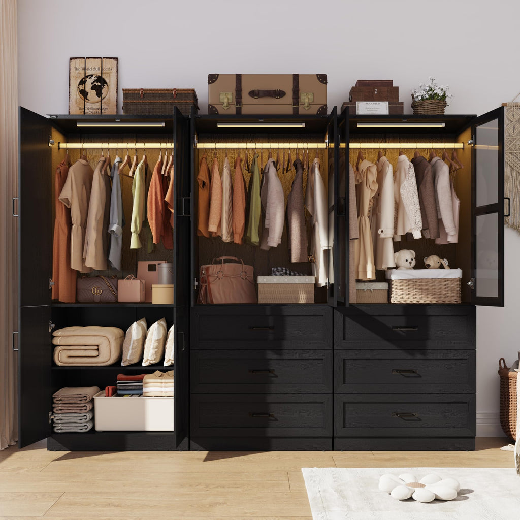 75" Tall Farmhouse 6 Doors Armoire Wardrobe Closet with 6 Drawers and LED, Freestanding Closet Wardrobe Cabinet with