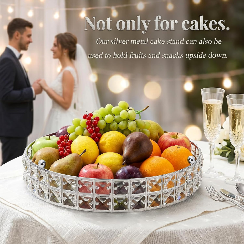 Silver Crystal Cake Stand Set with Mirror Top, 10" & 12" Round Metal Dessert Pedestal with Shining Crystal - Set of 2