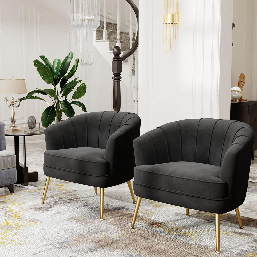Velvet Accent Chair Set of 2, Upholstered Modern Single Sofa Side Chair,Comfy Barrel Club Living Room Armchair with