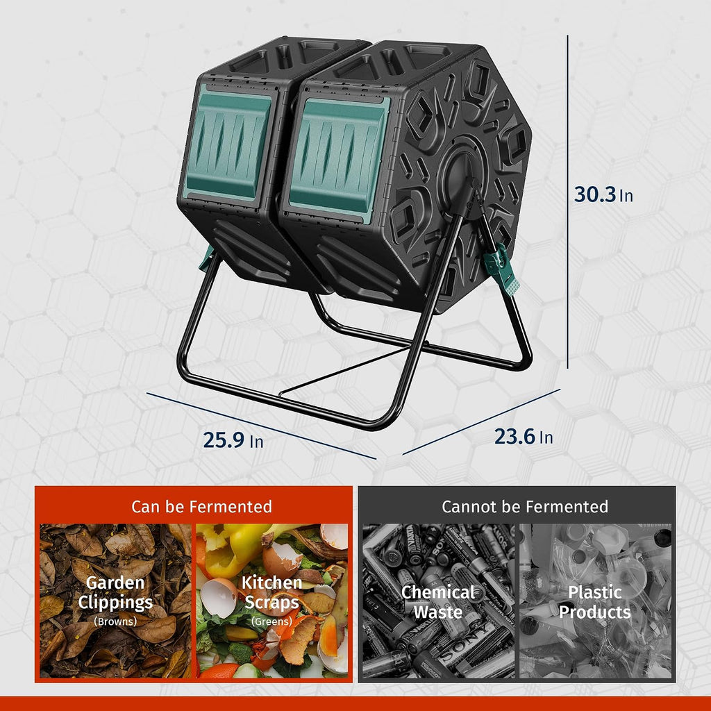 Dual Chamber Outdoor Compost Tumbler, 2×18.5 Gallon Compost Bin, Rotating Composter with Aeration & Locking System
