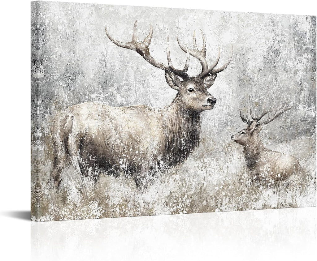 Deer Canvas Wall Art Vintage Elk Painting Prints Rustic Farmhouse Kitchen Decor Wildlife Artwork Framed Ready to Hang