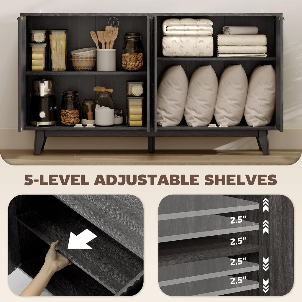 Fluted Sideboard Buffet Cabinet, 55" Modern Accent Console Cabinet with 4 Doors, 2 Adjustable Shelves and 5 Wood Legs