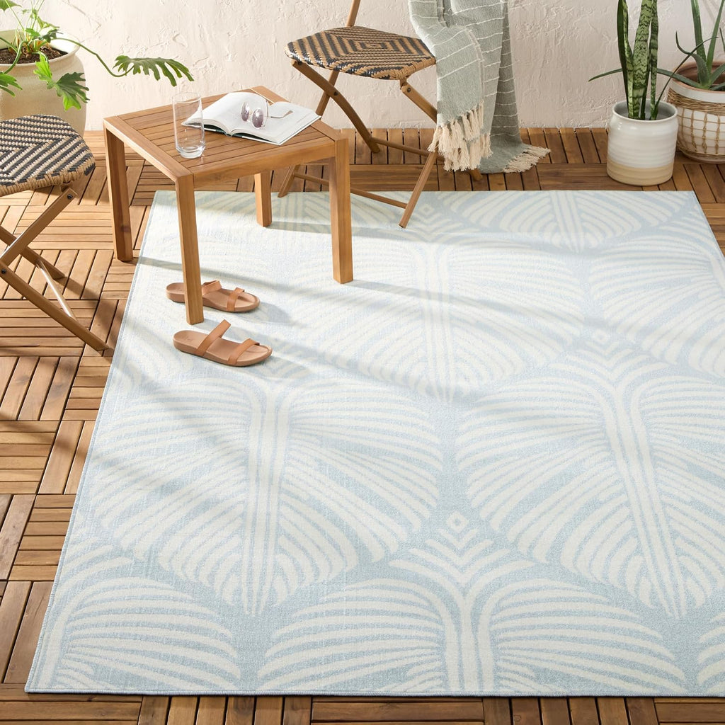 Lanai Palm Leaves Indoor Outdoor Area Rug, Leaf Tropical Design, UV Fade Resistant, Blue/Ivory, 5'2"x7'2"