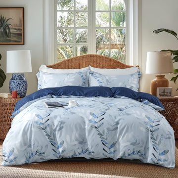 Duvet Cover Queen,Reversible Leaf Blue Duvet Cover Set with Zipper Closure, 3 Pieces Modern Patterns Soft Microfiber