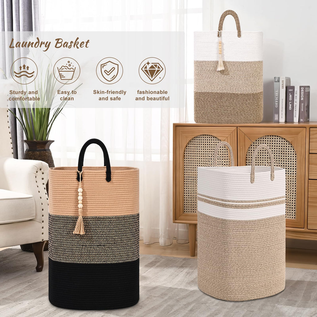 Woven Laundry Basket for Clothes, 80 L Large Rectangle Laundry Hampers with Beads Tassel, Nursery Storage Basket for