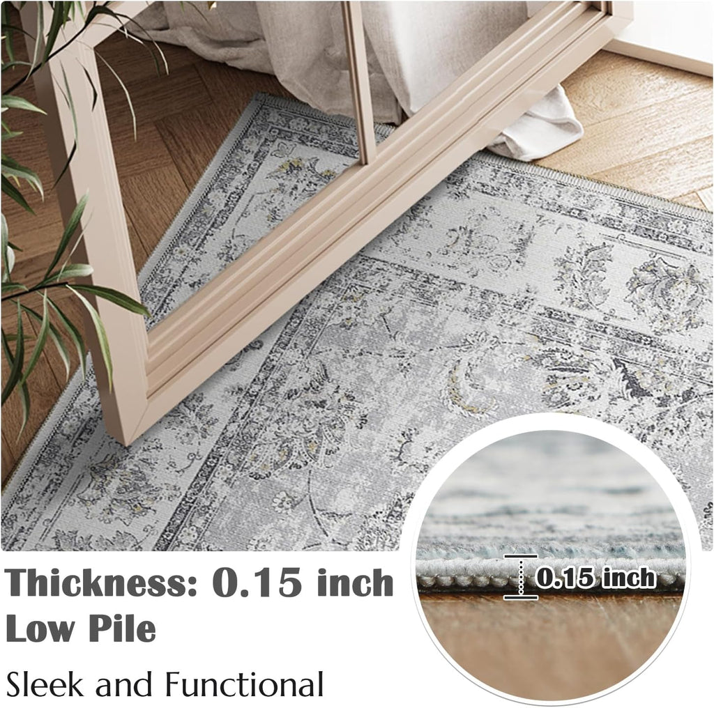2x3 Vintage Floral Area Rug, Washable Entryway Rug, Grey
