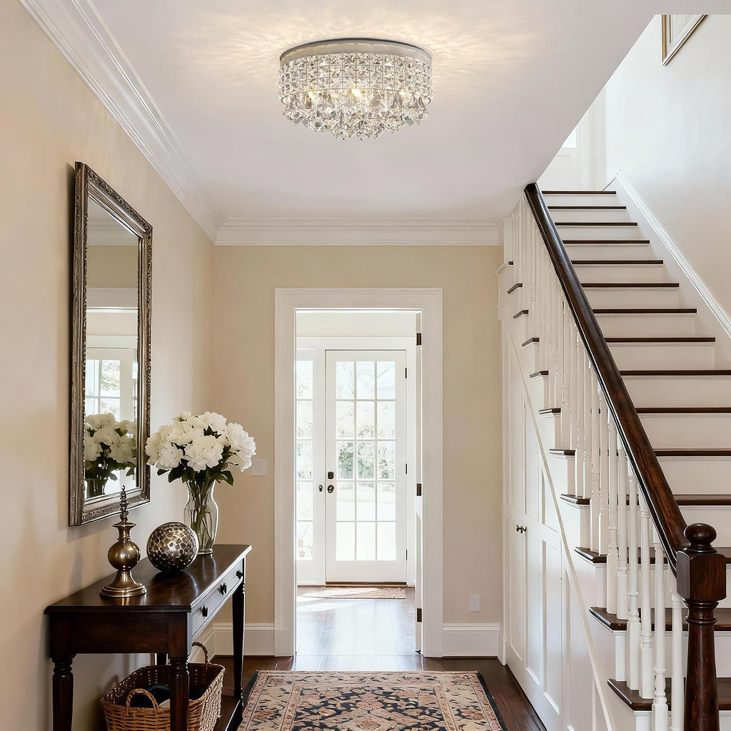 4 Lights Crystal Chandelier, Modern Drum Ceiling Light Fixture Lamp, Raindrop Flush Mount Round Metal Shade, for