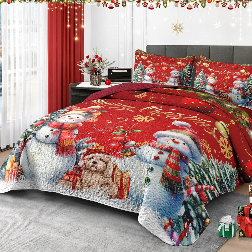 King Christmas Quilt Set, 3 Piece Snowflake Bedding, Bedspreads