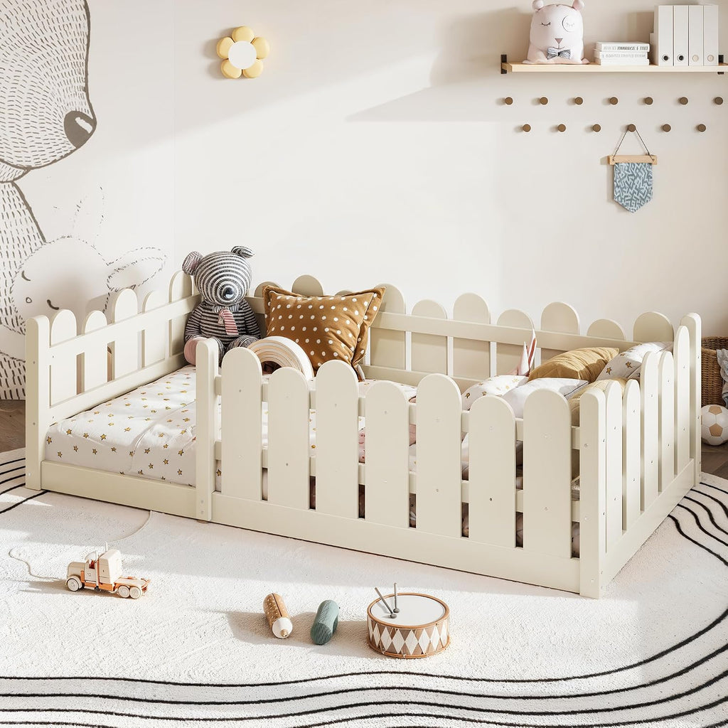Twin Size Montessori Floor Bed with High Fence and Safety Guardrail, Solid Wood Floor Bed with Slats for Kids, Boys