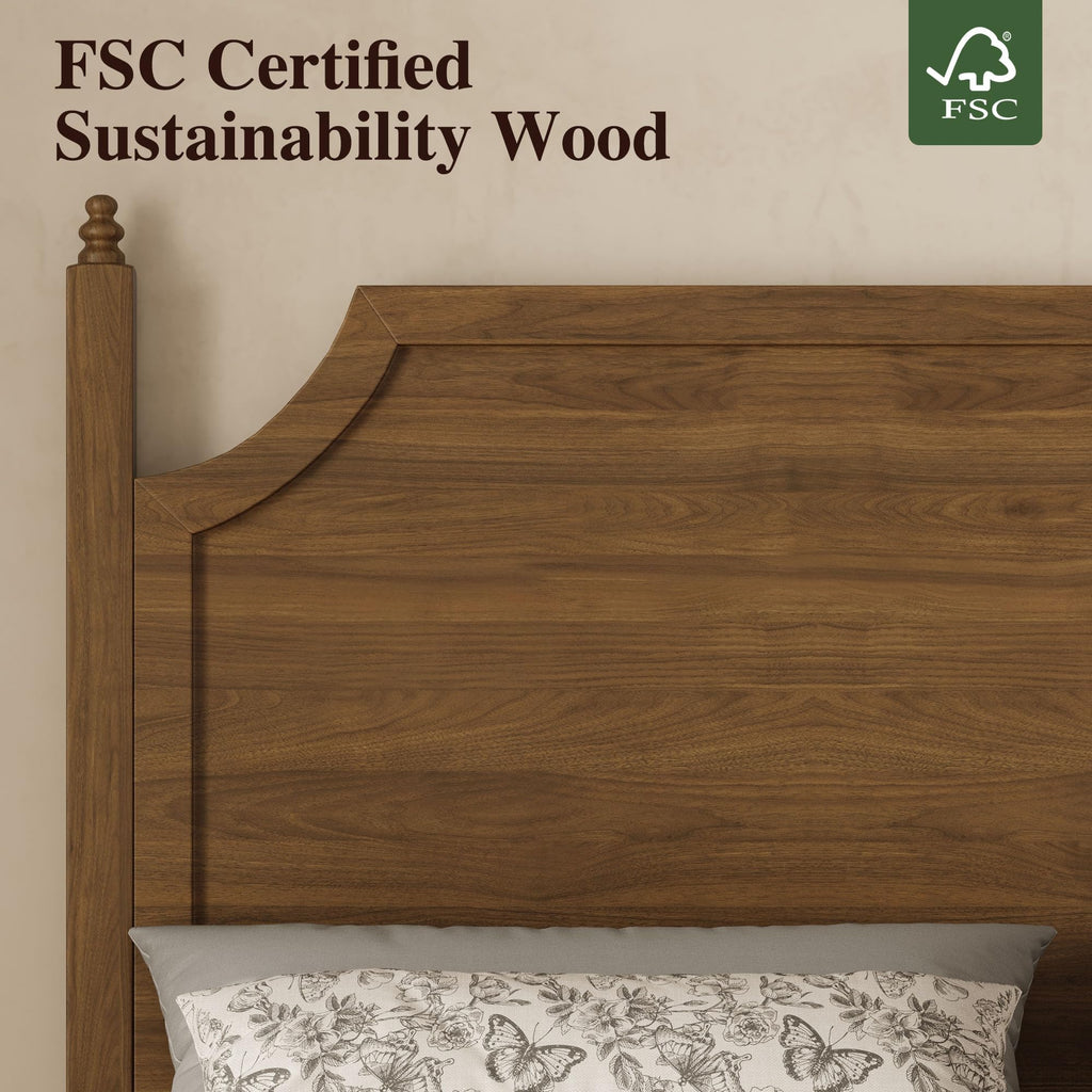 Wood Bed Frame with Curved Headboard, Vintage Bed, Brown