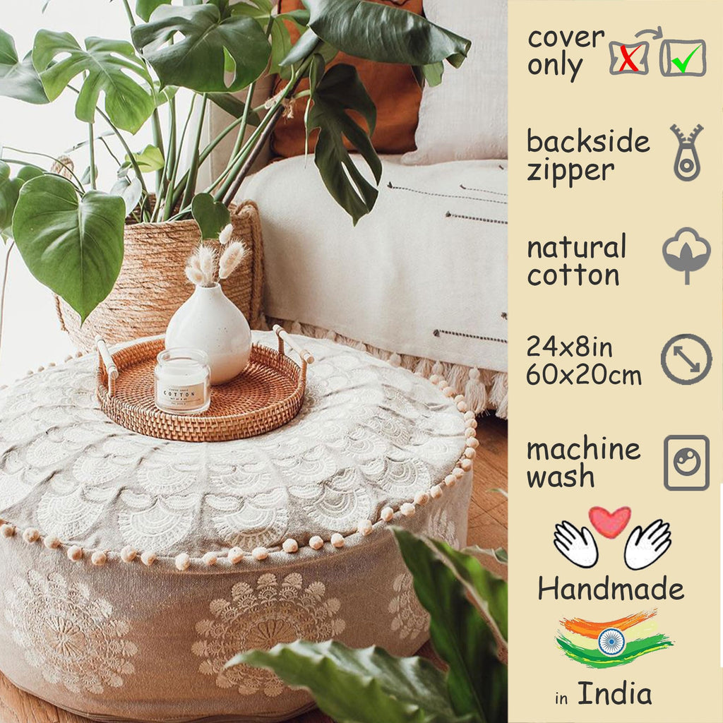 Bohemian Pouf Ottoman Cover 24x8- Luxury, Artisan Room Décor Pouffe for Meditation, Yoga, and Boho Chic