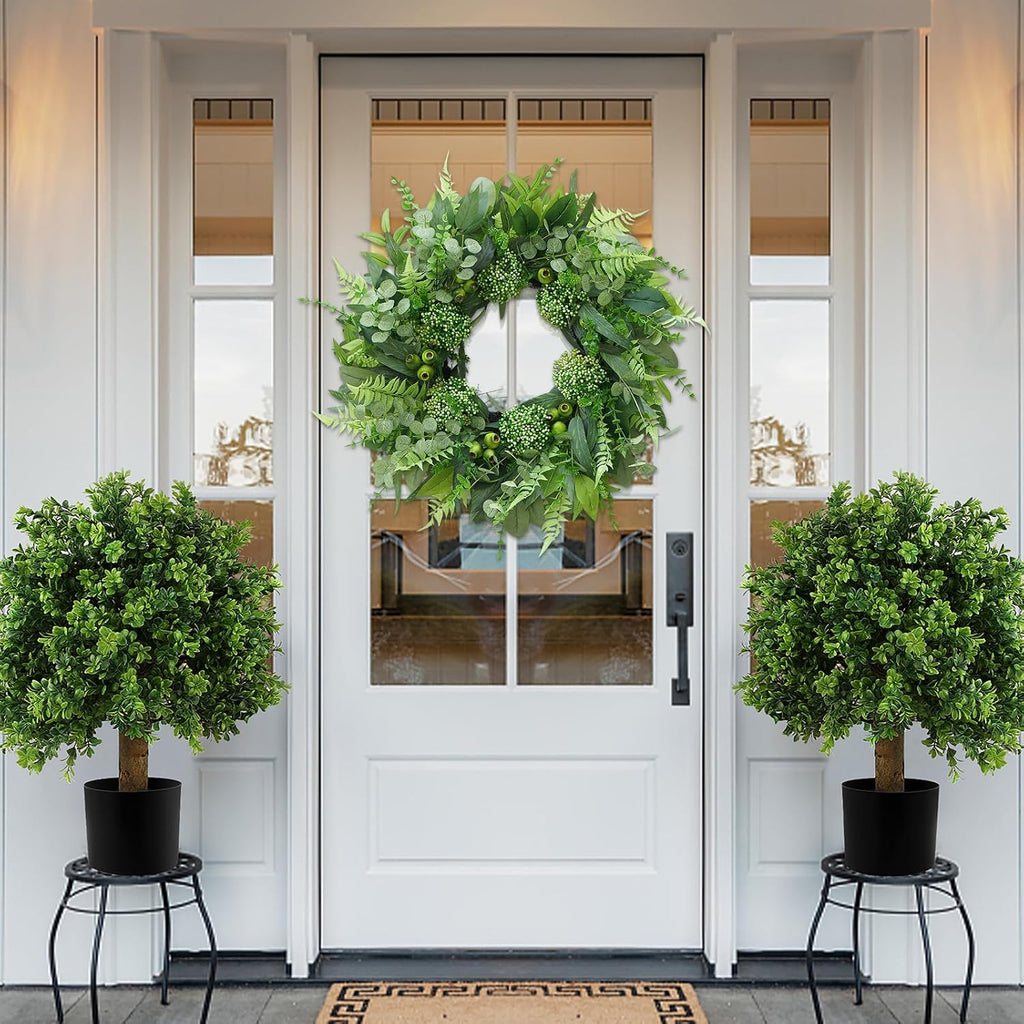 24 Inch Artificial Greenery Wreath for Front Door - Green Wreath with Eucalyptus and Fern Leaves, Spring Summer Fall