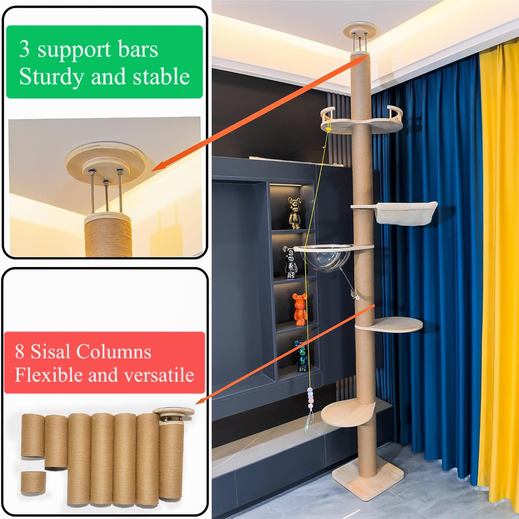 Floor to Ceiling Cat Tree Height (50-120.5in) Adjustable Cat Tower 5 Tier Hemp Scratching Post High Cat Tree Sturdy