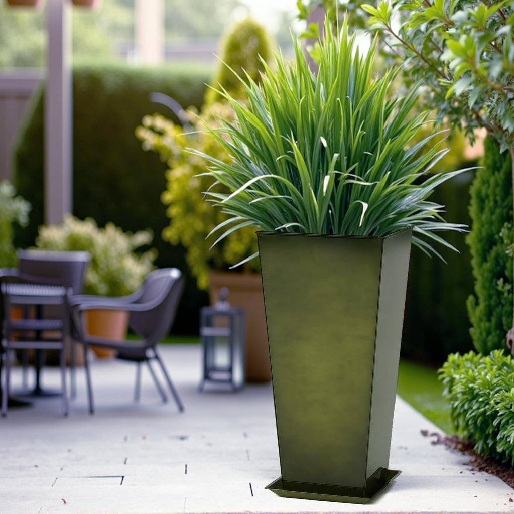 28" Large Metal Glazed Planter Set of 2, Luxurious Glossy Finish Green Tall Square Tapered Steel Plant Pots, Decor