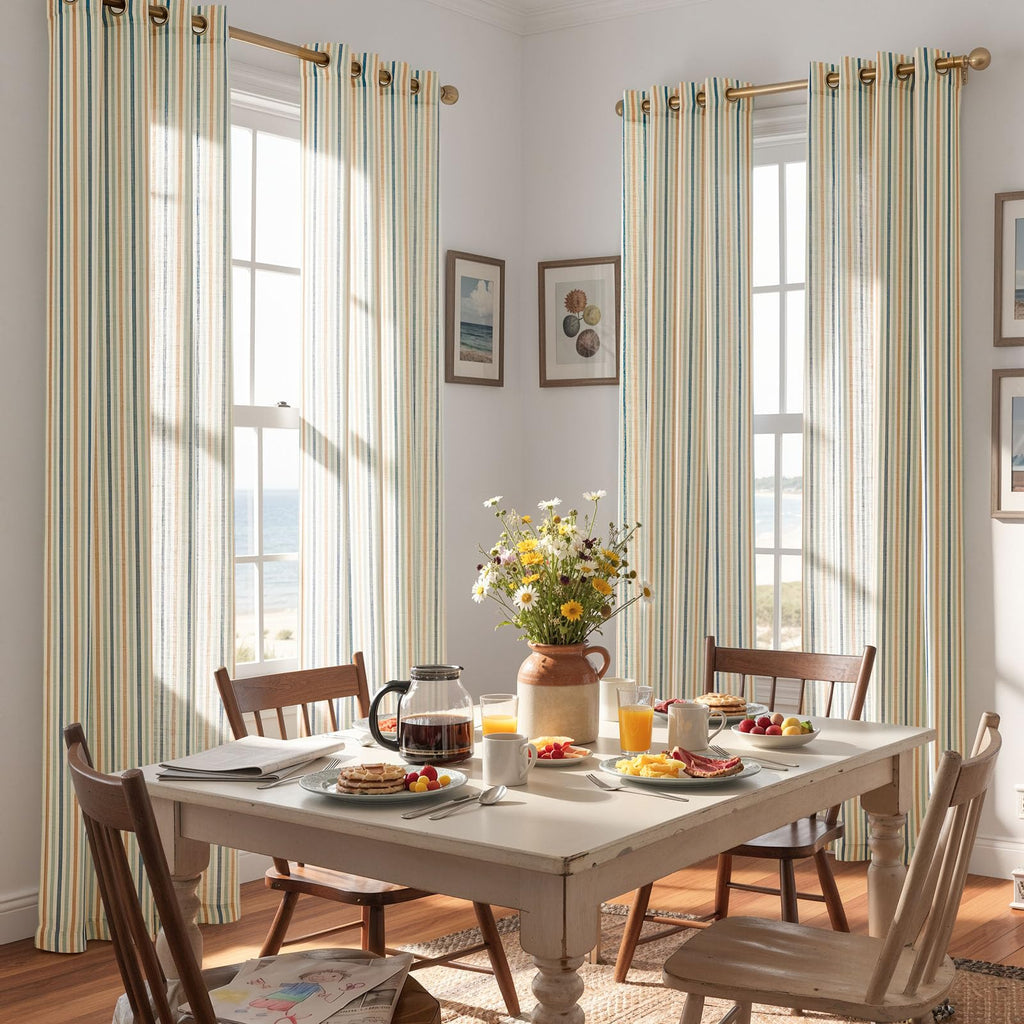 Linen Curtains 84" Ocean Stripe Pattern on Linen Grommet 2 Panels