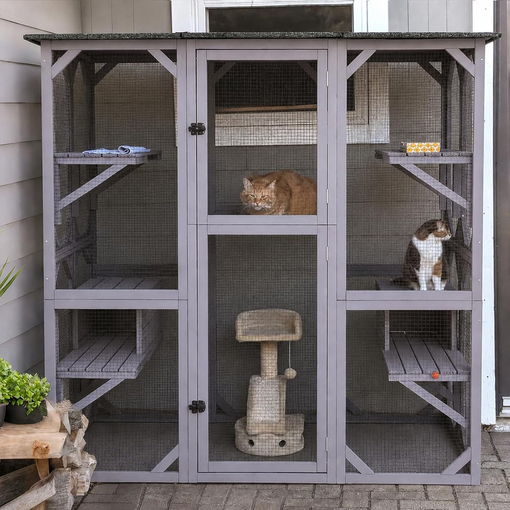 Cat House Window Outdoor Catio Cat Enclosures with 5 Platforms, 2 Resting Boxes Large Walk in Kitty House
