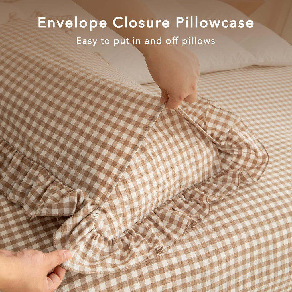3 Piece Cotton Sheet Set, Tan Gingham & Lace Ruffle Fitted