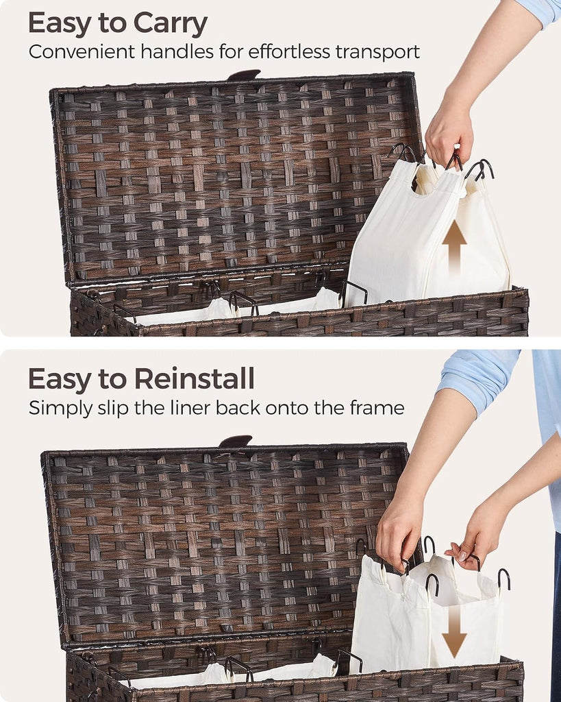 130L Wicker Laundry Hamper with Lid, 3-Section Laundry Basket | 3 Removable Liner Bags; 4 Included Mesh Laundry Bags;