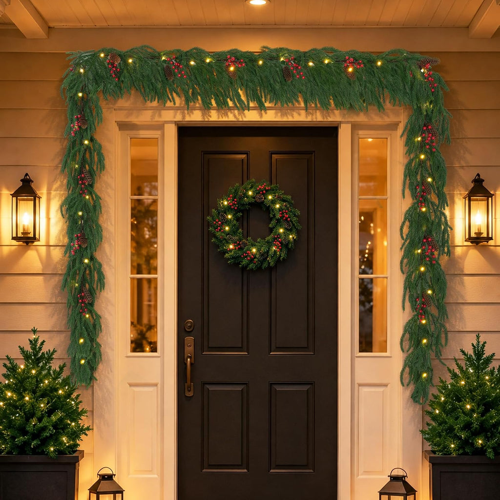 9ft Norfolk Pine Garland with LED Lights Red Berries Pine Cones