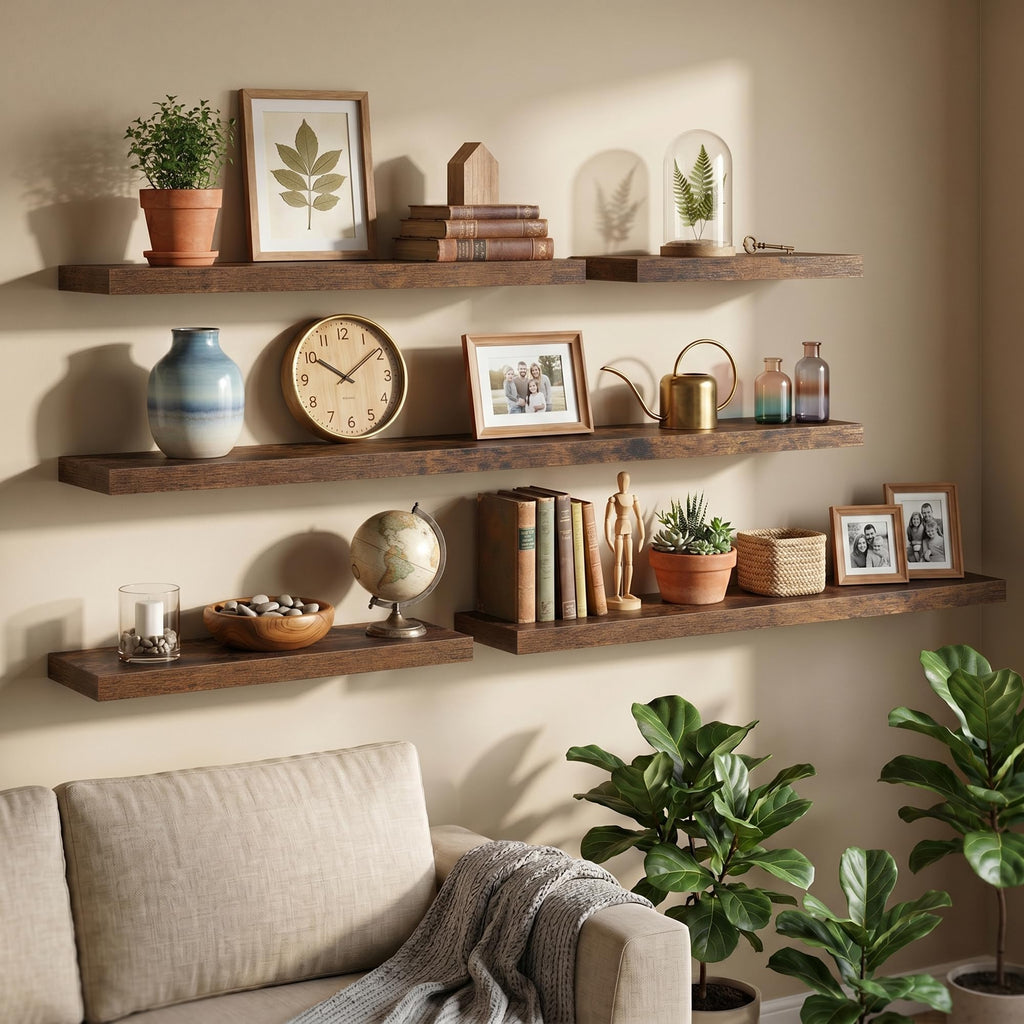 10 Inch Deep Floating Shelves, 20 Inch Long Wall Storage Shelf with Invisible Brackets, 24 x 10 Hanging Wood Shelf