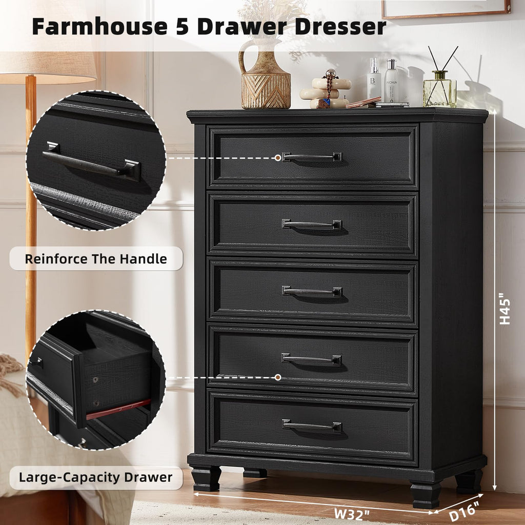 Farmhouse 5 Drawer Dresser, Black