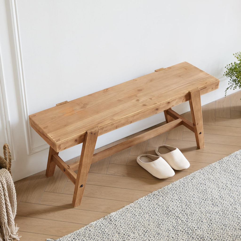 Farmhouse Solid Wood Entryway Bench - 43.4 Inches Rustic Long Bench, Dining Bench with Angled Legs, Hand-Finished