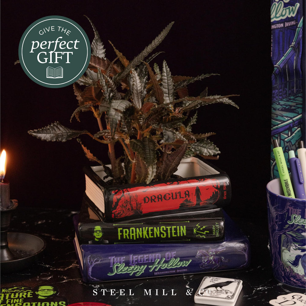 Mill & Co. Ceramic Stacked Books Planter, Gothic Halloween