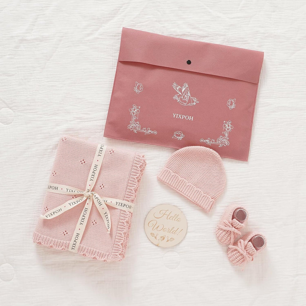 Organic Cotton Baby Blanket Knit Beanie Hat Booties Set