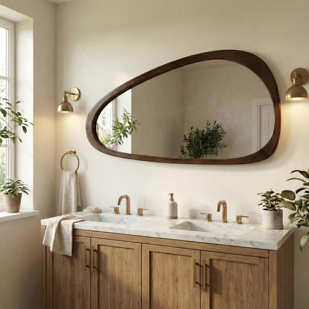 48x24 Inch Dark Walnut Large Irregular Solid Wood Wall Mirror