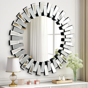 32" x32" Round Sunburst Wall Mirror, Frameless Beveled Edge