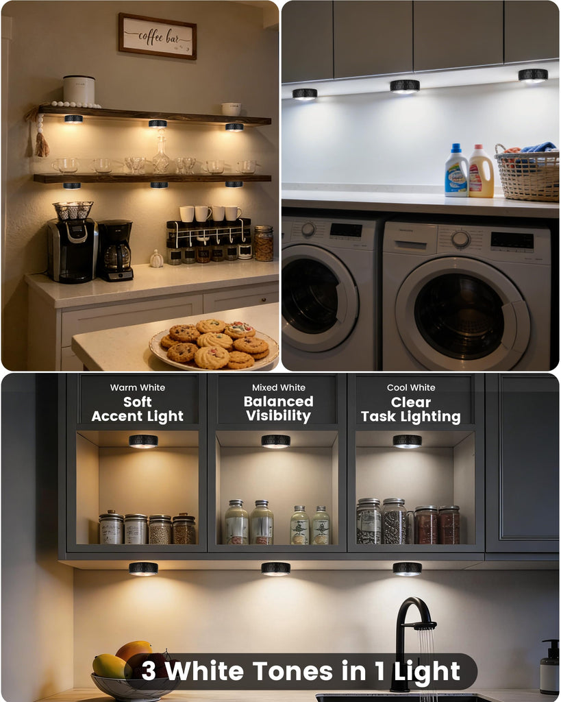 Puck Lights with Remote, 3 White Tones + 13 RGB Colors, 6 Pack-Black
