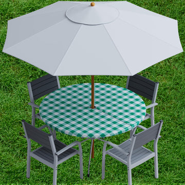 Vinyl Umbrella Round Fitted Tablecloth Cover, Checkered Design, Flannel Backed Lining 60 Inch, Green