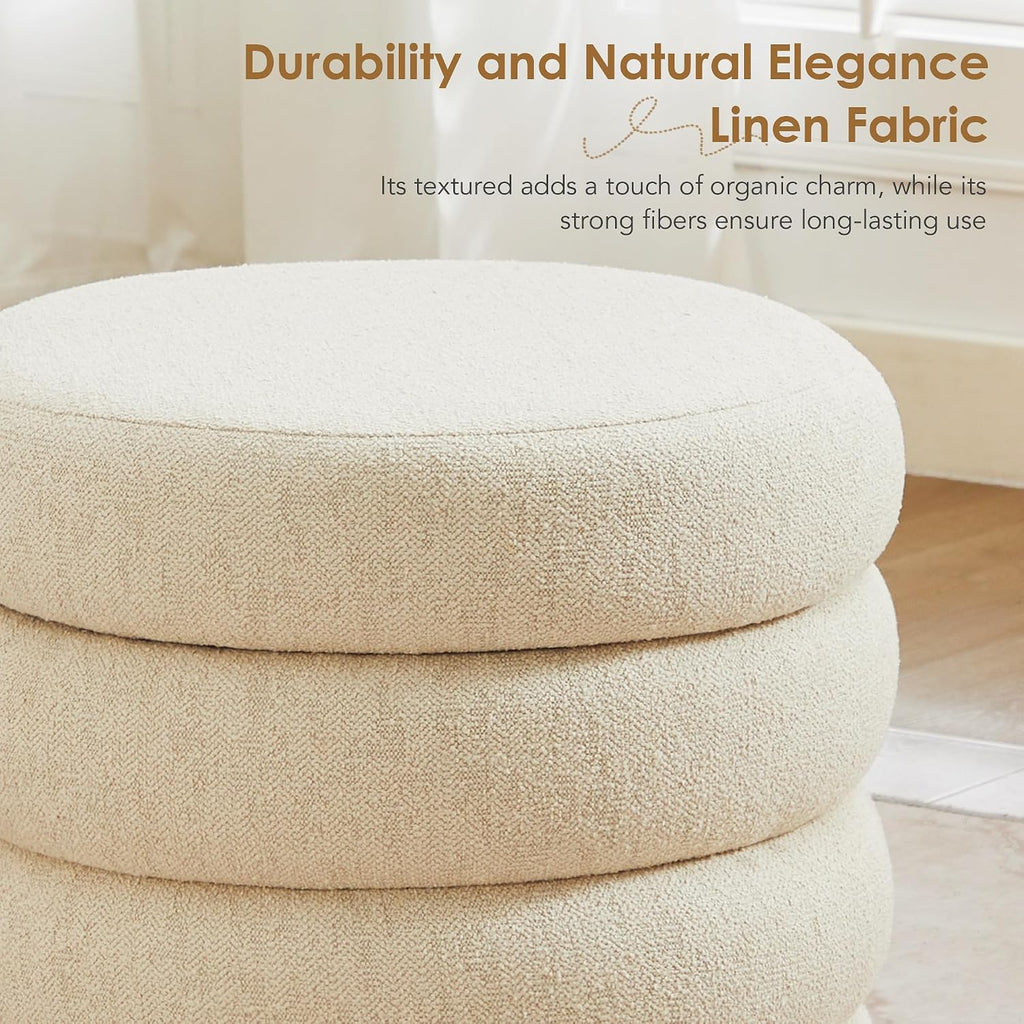 19.5" Storage Ottoman Round, Vanity Stools , Linen Pouf Ottoman with Removable Lid, Modern Ottoman Stool for Girls
