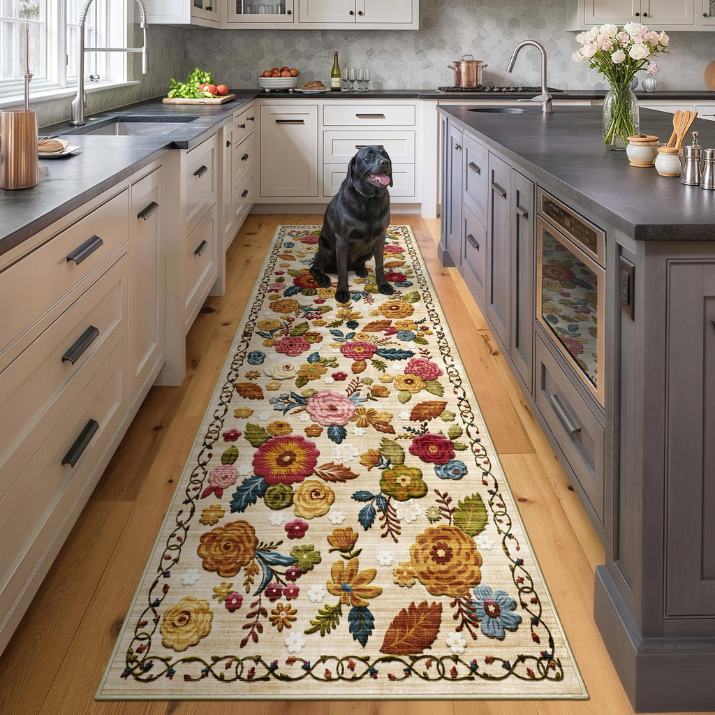 Washable 2.6x10 Runner Rug, Beige Boho Floral Non-Slip