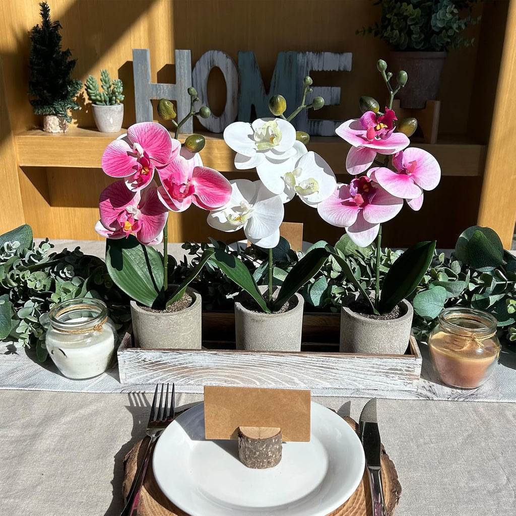 Small Artificial Orchid Potted Plants Arrangement with Rustic Wood Planter Box Real Touch Faux Phalaenopsis - Set of 3