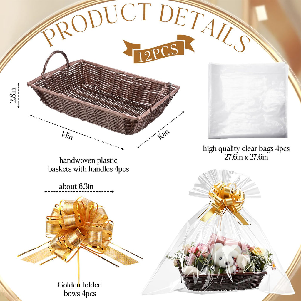 4 Set Large Baskets for Gift Empty with Handle, Brown Color