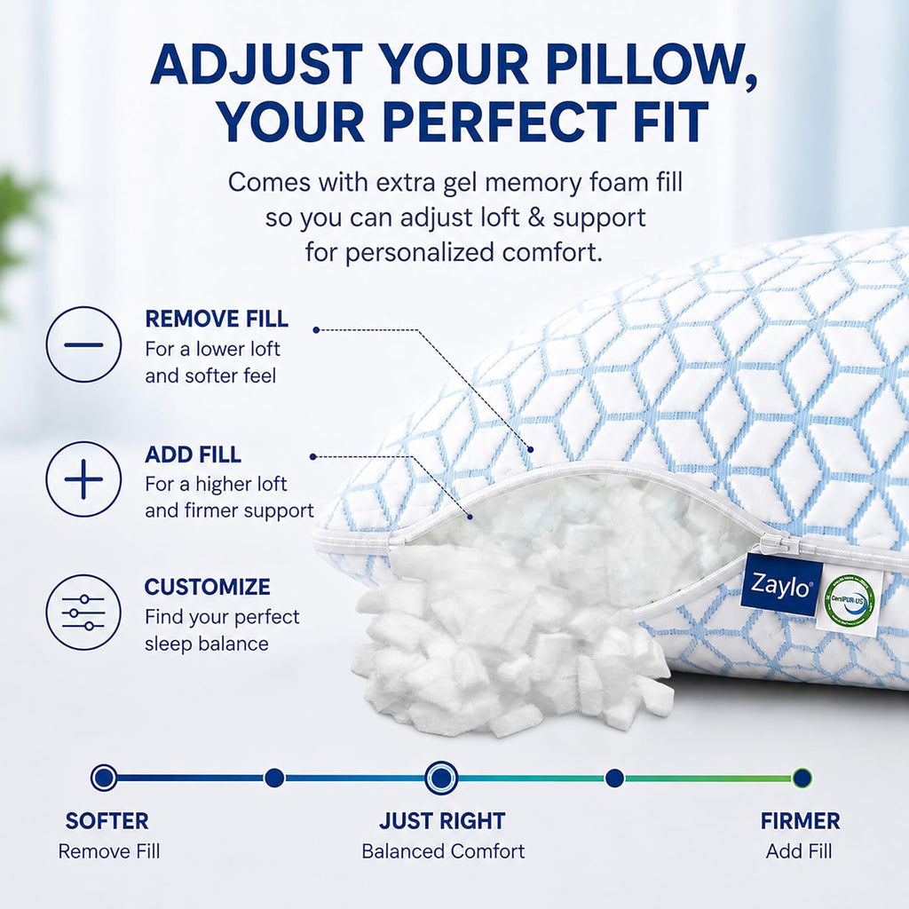 Cooling Bamboo Shredded Gel Memory Foam Pillow, CertiPUR-US Certified, Adjustable Height & Firmness, Bed Pillow for