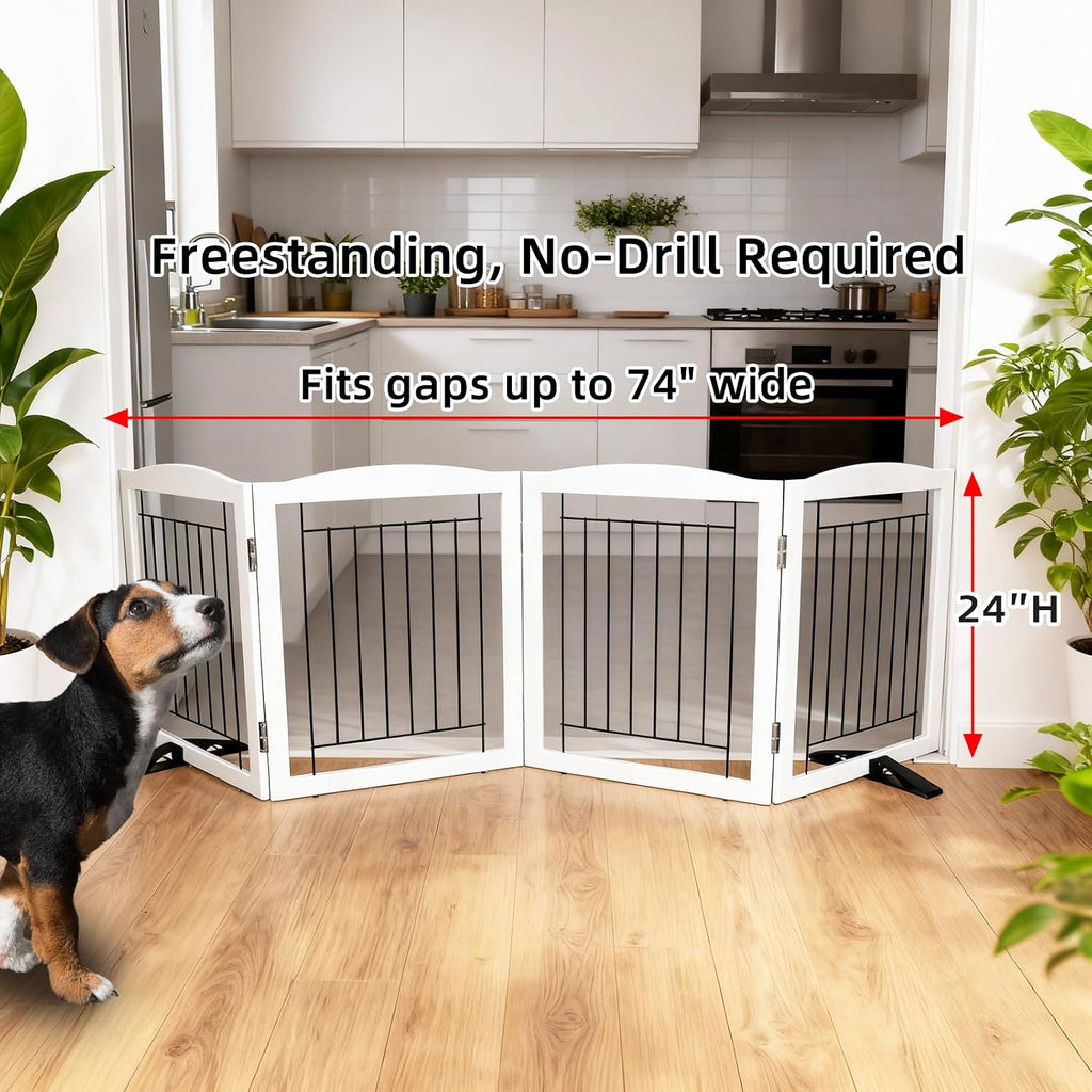 Freestanding Dog Fence Indoor, Foldable Dog Gate for Doorways, Stairs or Hallways, Sturdy Wood Extra Wide Pet Gate