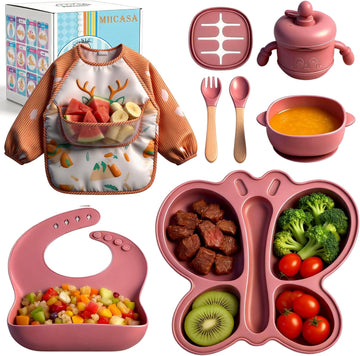 Feeding Set, Baby Led Weaning Supplies, Silicone Suction Butterfly Plate, Bowl, Spoons, Fork and Waterproof Bib &