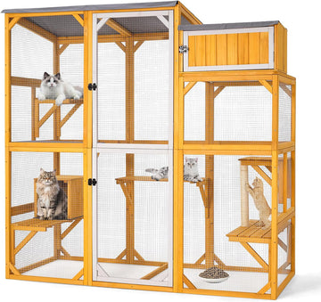 Wooden Catio Outdoor Cat Enclosure Large Walk-in Cat House with 5 Multi-Level Platforms, Scratching Post, Resting Den