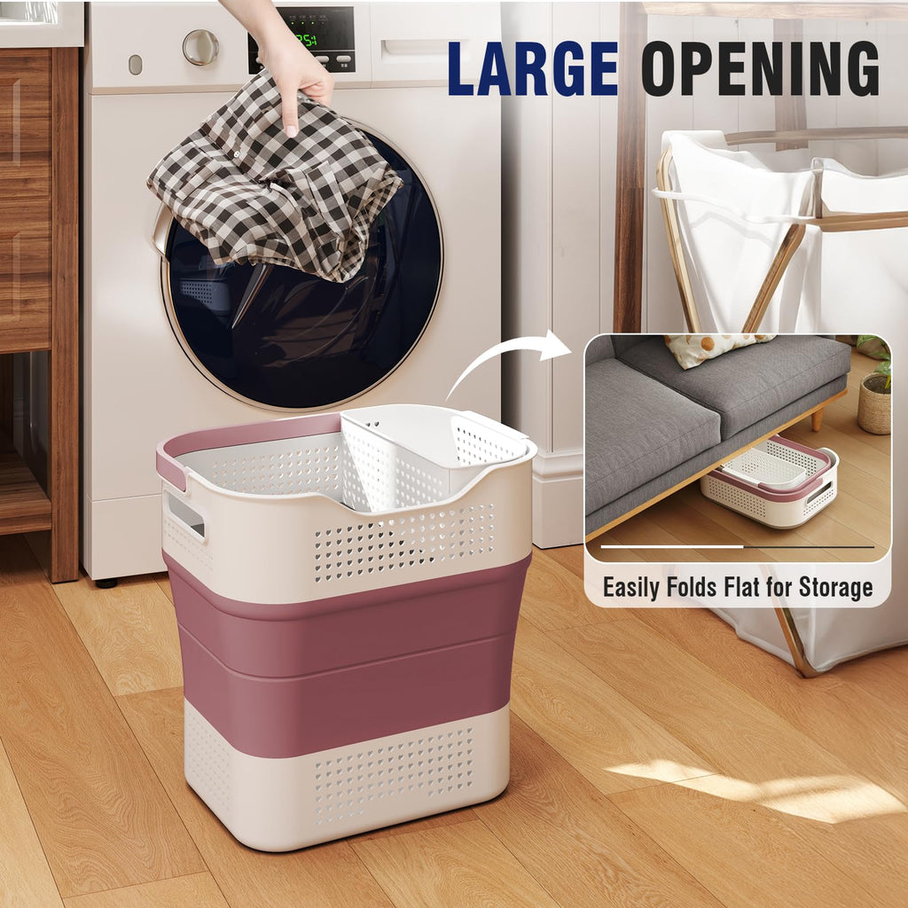 Collapsible Plastic Laundry Basket Hamper with Handles, 35L Portable Rubber Clothes Basket, Pop Up Storage