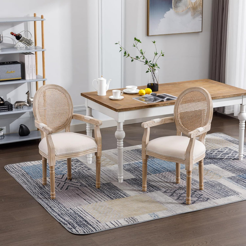 French Vintage Dining Armchairs Set of 2, Upholstered Fabric Chairs with Rattan Cane Back and Solid Wood Frame, French Country Style for Dining Room or Kitchen, Beige