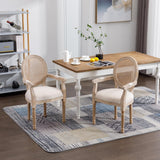 French Vintage Dining Armchairs Set of 2, Upholstered Fabric Chairs with Rattan Cane Back and Solid Wood Frame, French Country Style for Dining Room or Kitchen, Beige