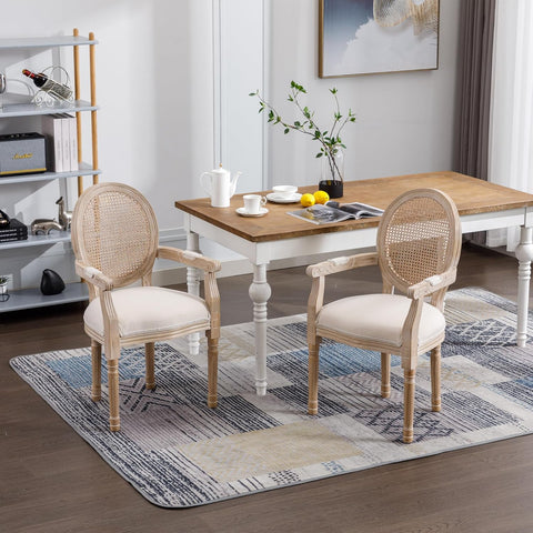 French Vintage Dining Armchairs Set of 2, Upholstered Fabric Chairs with Rattan Cane Back and Solid Wood Frame, French Country Style for Dining Room or Kitchen, Beige