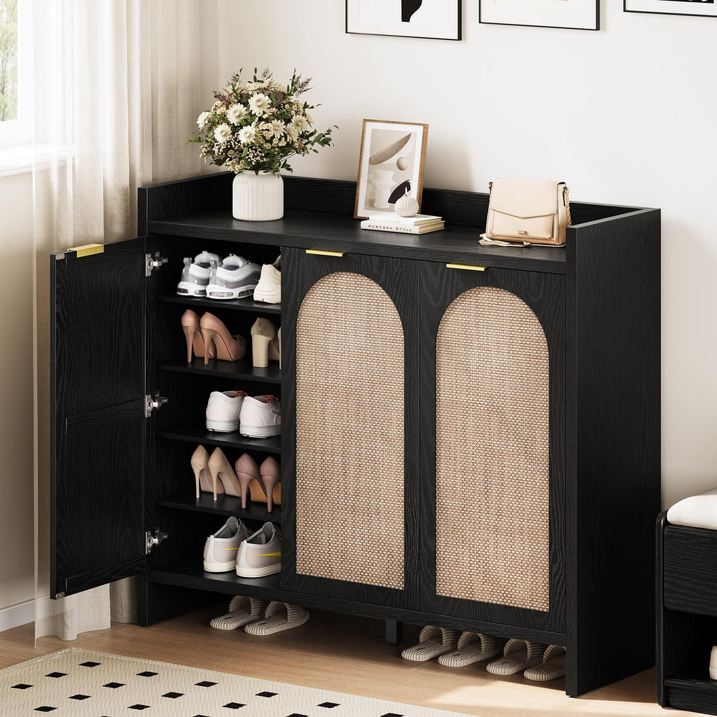 Shoe Cabinet Storage - Rattan Accent Cabinet with 3 Doors & Adjustable Shelves, 6-Tier Large Wood Shoes Cabinets with