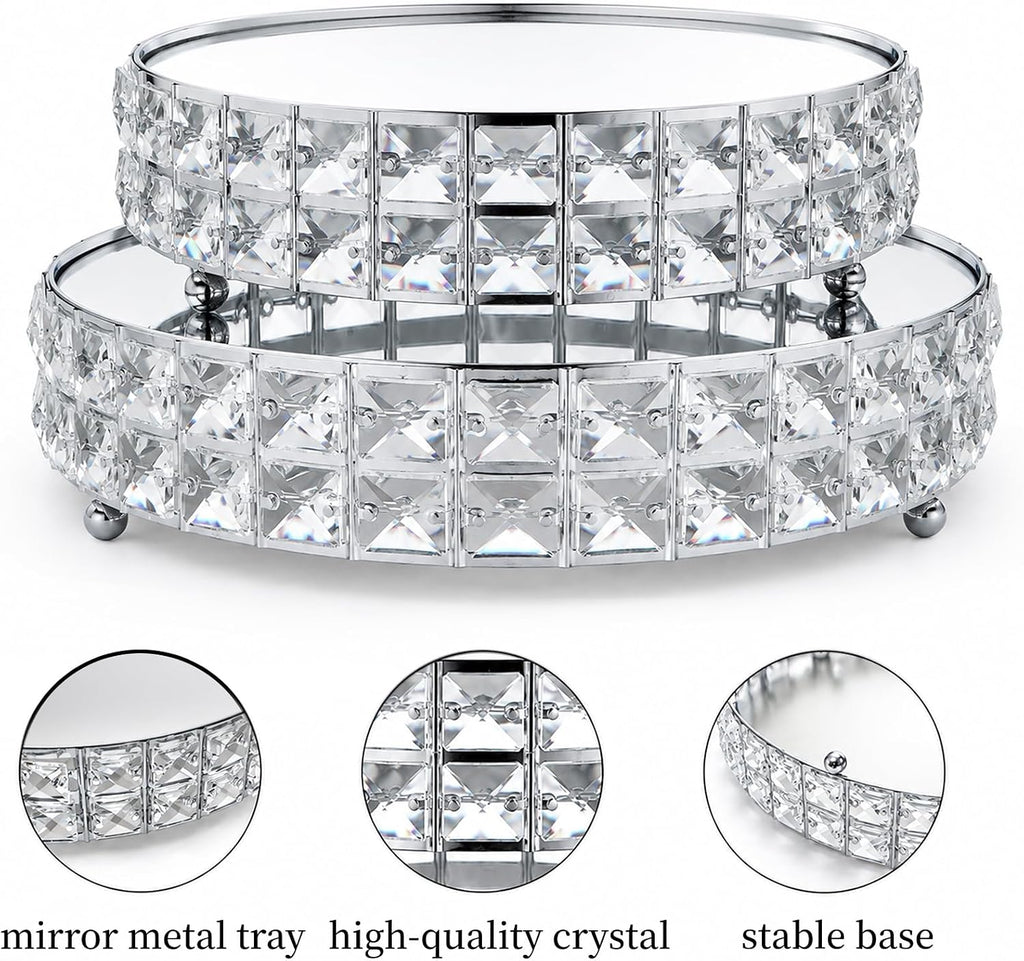 Silver Crystal Cake Stand Set with Mirror Top, 10" & 12" Round Metal Dessert Pedestal with Shining Crystal - Set of 2