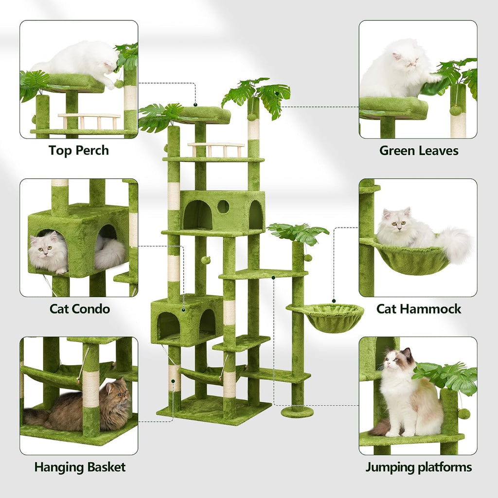 77in Tall Cat Tree for Large & Heavy Cats, 4-Level Indoor Cat Tower with Leaves, Sisal Scratching Posts, 2 Cat