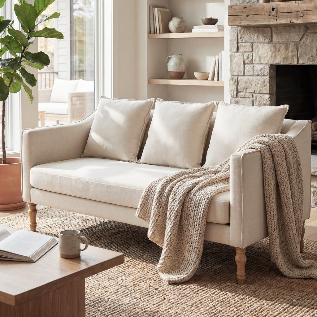 Farmhouse Couch Country Rustic Loveseat with Antique Wood Legs 63" Long Sofa with One Piece Complete Cushion Seat